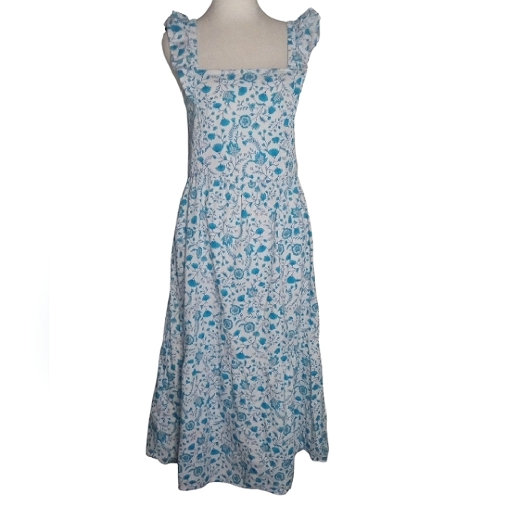 Draper James Contrasting Blue White Flutter Sleeve Cotton Midi Dress Size Medium - Picture 2 of 8